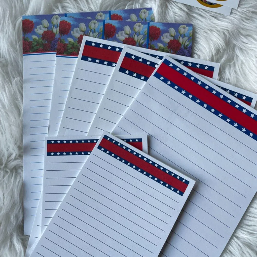 20 Patriotic cards, 30 envelope seals, 5 large notepads, 2 small notepads